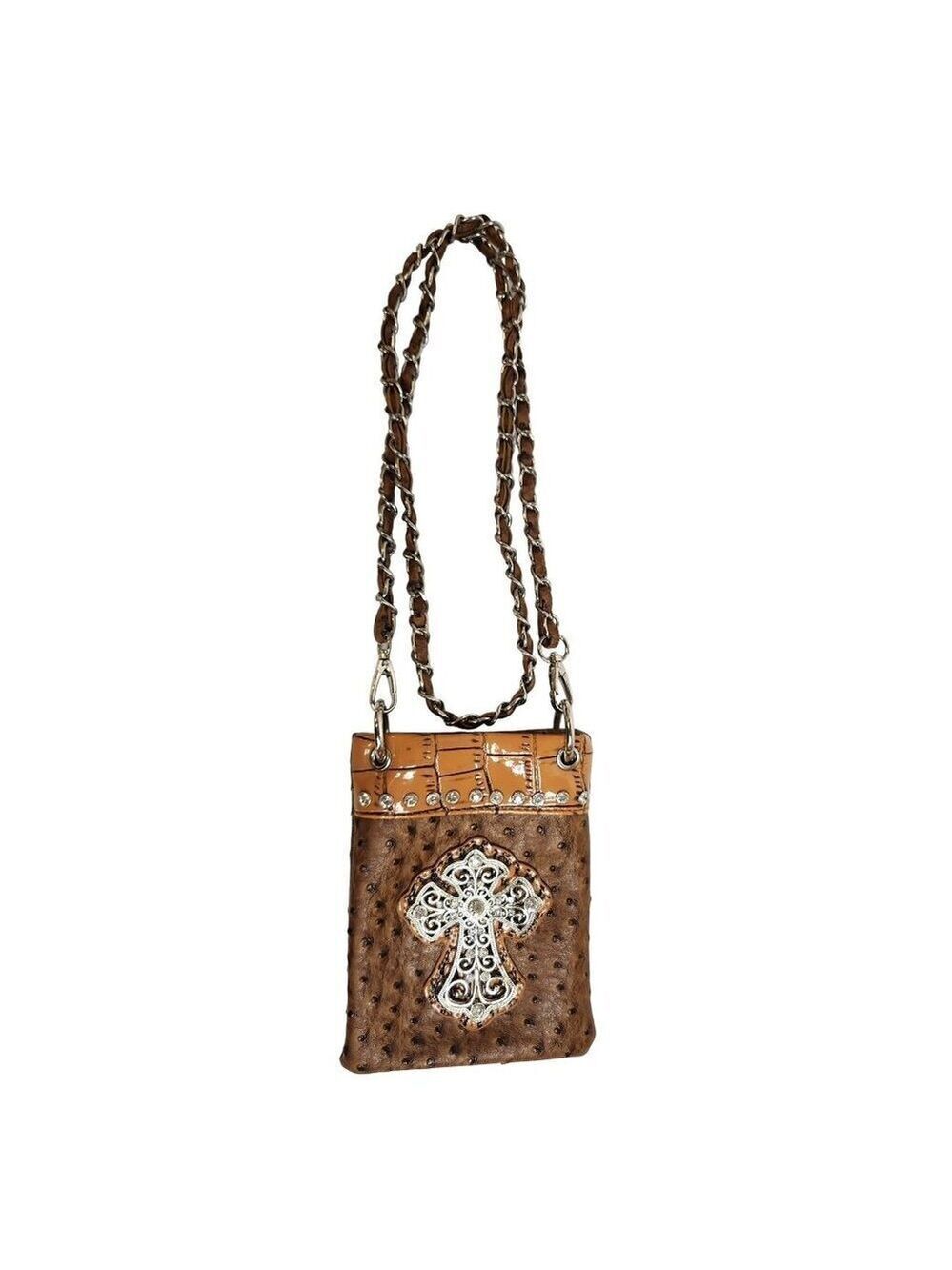 Western Style Tan & Brown Leather Crossbody Bag Purse With Rhinestones & Chain S